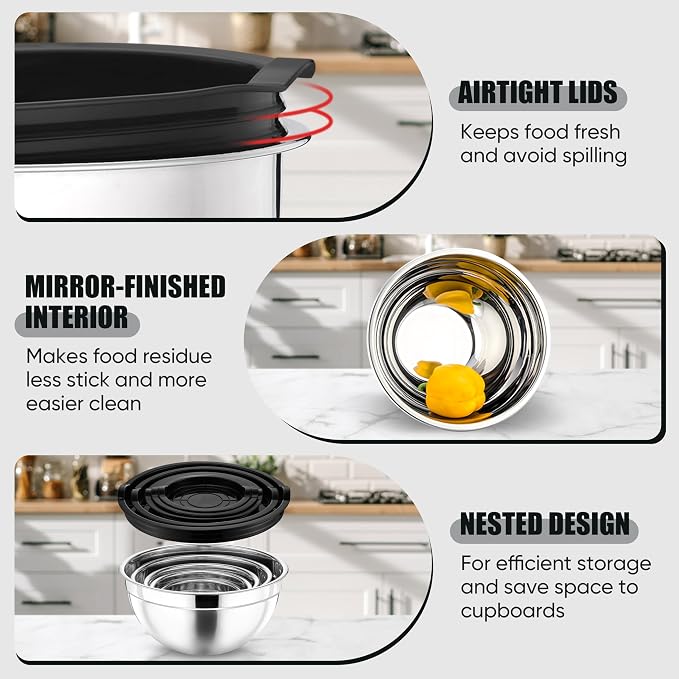 P&P CHEF Metal Mixing Bowls with Lids Set, Airtight Lids & Black | 5 PCS Stainless Steel Mixing Nesting Bowls for Kitchen Prepping, Storing, Healthy & Easy Clean, Size 4.6, 3, 1.5, 1, 0.7 QT