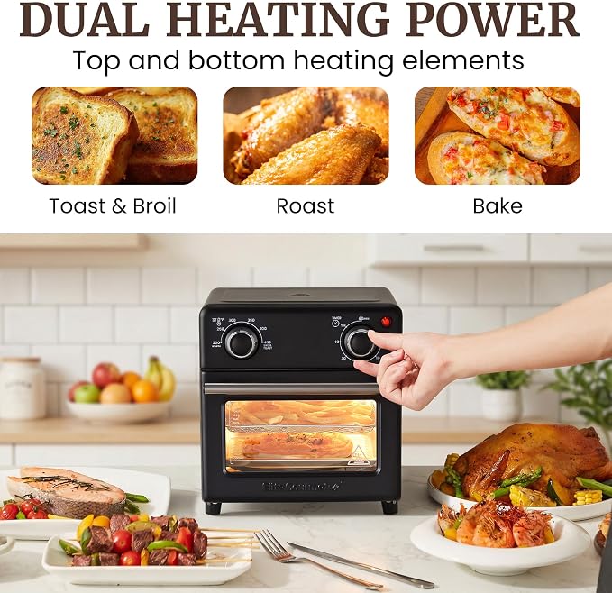 Elite Gourmet Compact Mini Air Fryer Oven, 8.5Qt, 800W, Black | Adjustable Time & Temperature Controls - Includes Air Fry Basket, Bake Pan & Recipes - Great for Countertop Use
