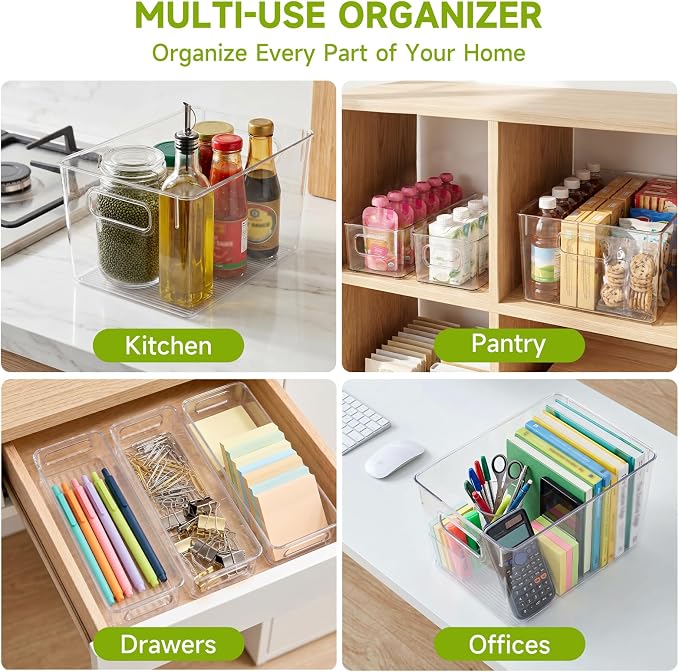 YKIOKE 8 Pack Clear Plastic Storage Bins with Handles, Stackable Organizer | BPA-Free, 4 Large & 4 Small Stackable Organizer Containers for Kitchen Cabinets, Countertops, Drinks, Fruits, Vegetables