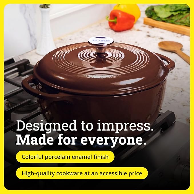 Lodge Essential Enamel Cast Iron Dutch Oven 6 Quarts - Perfect for Bread Baking, Braising, Marinating & Slow Cooking, Features Moisture-Sealing Lid & Dual Handles, Kitchen Essentials, Burnt Sienna