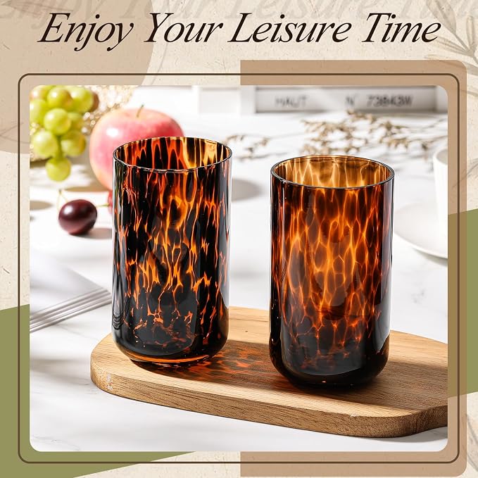 SiliFine Set of 2 Tortoise Shell Highball Glasses, 17 oz Brown Decorative Drinking Glasses, Hand Blown Leopard Print Glassware for Home Decor, Cocktail Party, Housewarming, Wedding Gifts