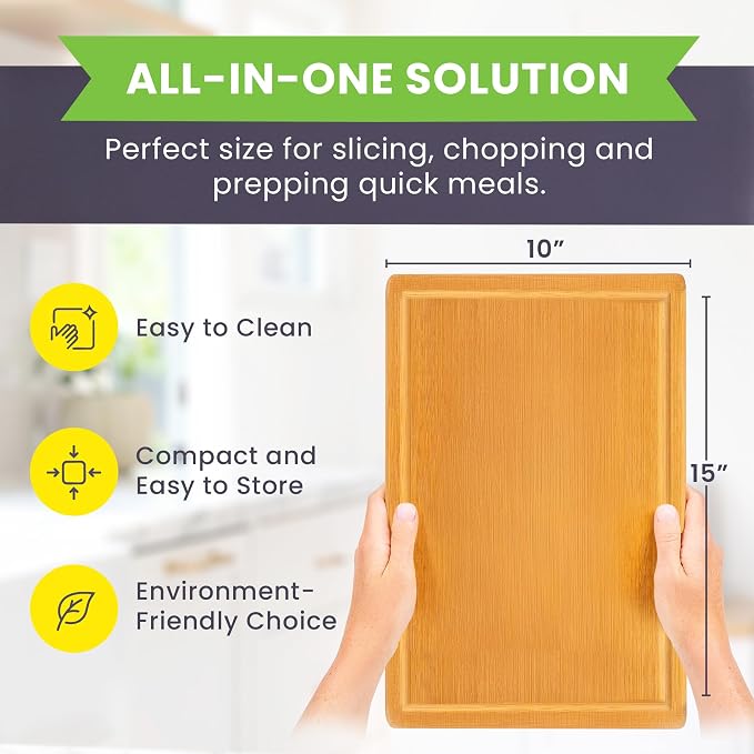 Bamboo Cutting Board – 15 Inch Wood Cutting Boards for Kitchen with Glue-Free Surface™ & Juice Groove – Non-Toxic, FSC-Certified, Durable Wooden Chopping Board - Rectangle
