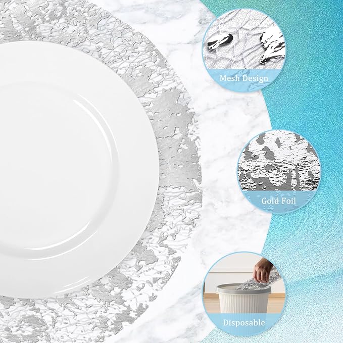 comfoyar Disposable Sliver Placemats Set of 50, Metallic Round 13 Inch Foil Mesh Pressed Doilies Place Mats, Table Mats for Dining Party Weddings Birthday Holiday Kitchen Home, Tableware Decoration