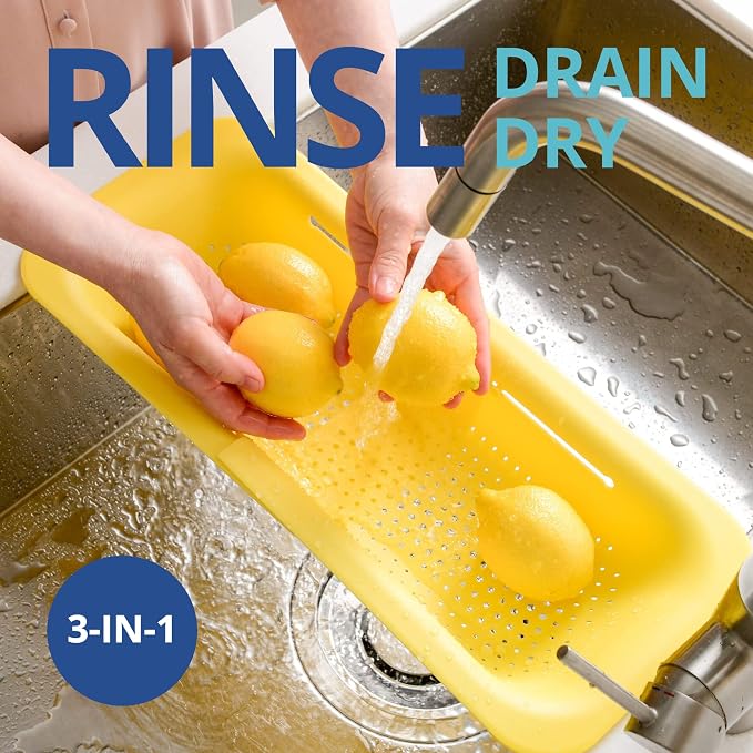 Blue Ginkgo Over Sink Colander, Extendable Kitchen Strainer, Yellow | Fits Most Sinks. Rinse, Drain and Dry with Ease.