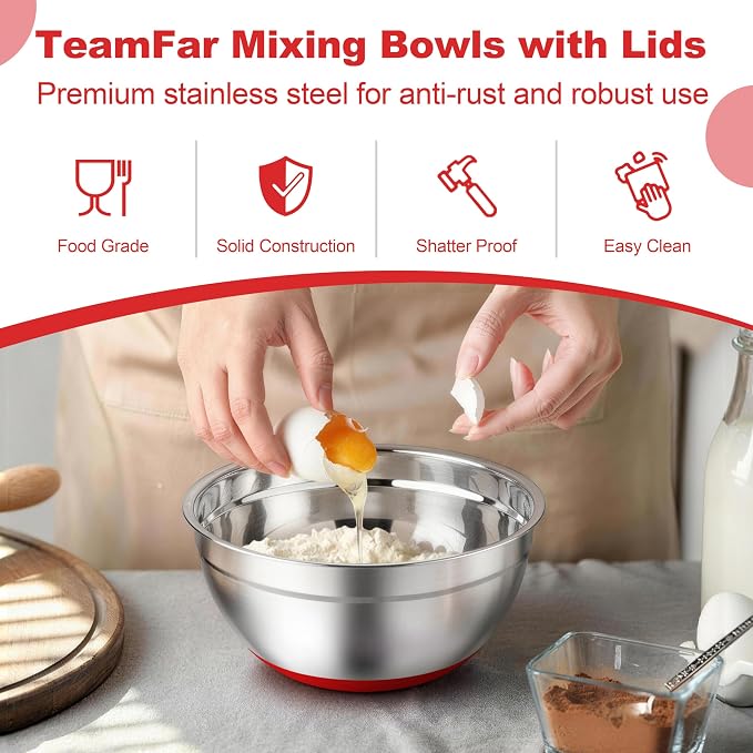 TeamFar Mixing Bowls, Stainless Steel Salad Bowls with Lids - Red | Nesting Bowls with Non-slip Bottom, for Kitchen Baking Preparing Serving, Stackable & 6PCS - 4.6 /2.6 /2 / 1.5 /1 / 0.7 Qt