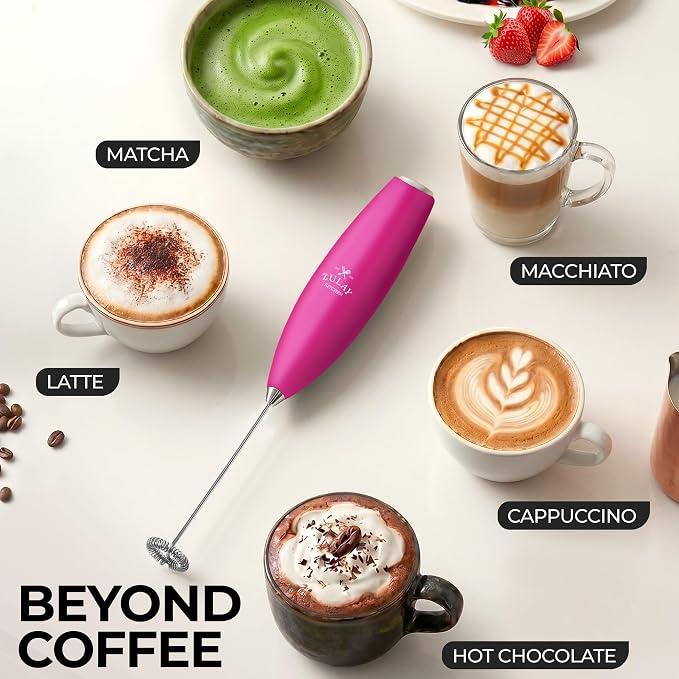 Zulay Powerful Milk Frother for Coffee with Upgraded Titanium Motor - Handheld Electric Whisk, Milk Foamer, Mini Mixer & Coffee Blender for Frappe, Latte, Matcha, No Stand - Dragonfruit