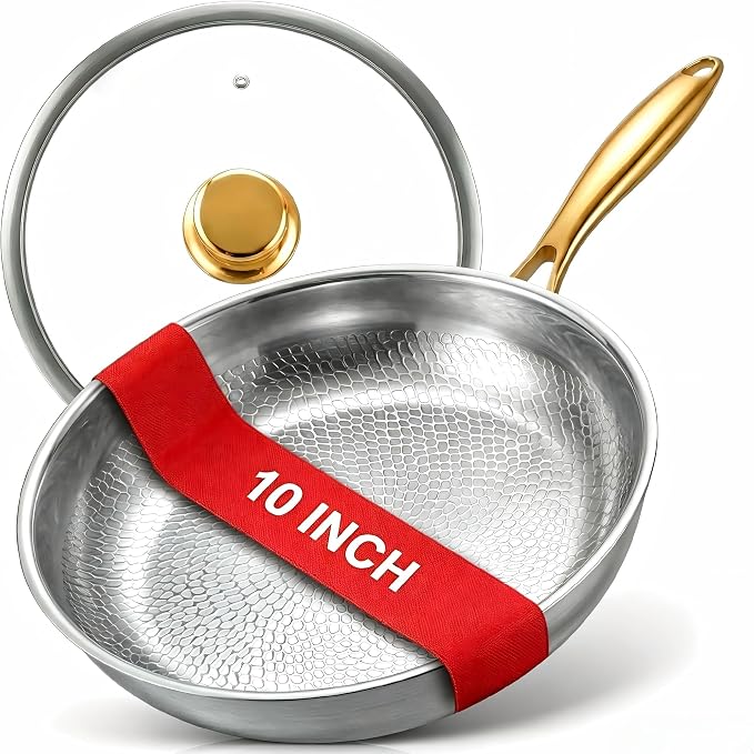 10" Titanium Pans for Cooking | Food-Grade Pure Titanium Frying Pan Pro with Lid | PFAS/PFOA/PTFE Free Nonstick Cookware | Dishwasher & Oven Safe, Kitchen Induction Compatible
