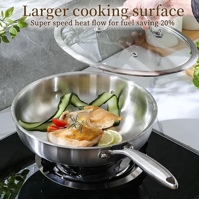 DELARLO Tri-Ply Stainless Steel Pan,18/10, 9" | Nontoxic Durable Oven Safe 800℉ All Cooktops Compatible Fast Even Heat PFOA Free Large Frying Pan Nontoxic Cookware