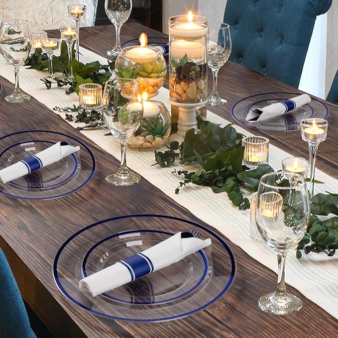 350 Pcs Clear Blue Plastic Plates Disposable for Party 50 Guests | Party Supplies Includes 100 Plates, 50 Pre Rolled Napkins with Cutlery Set, 50 Cups, for Graduation, Birthday, Christmas
