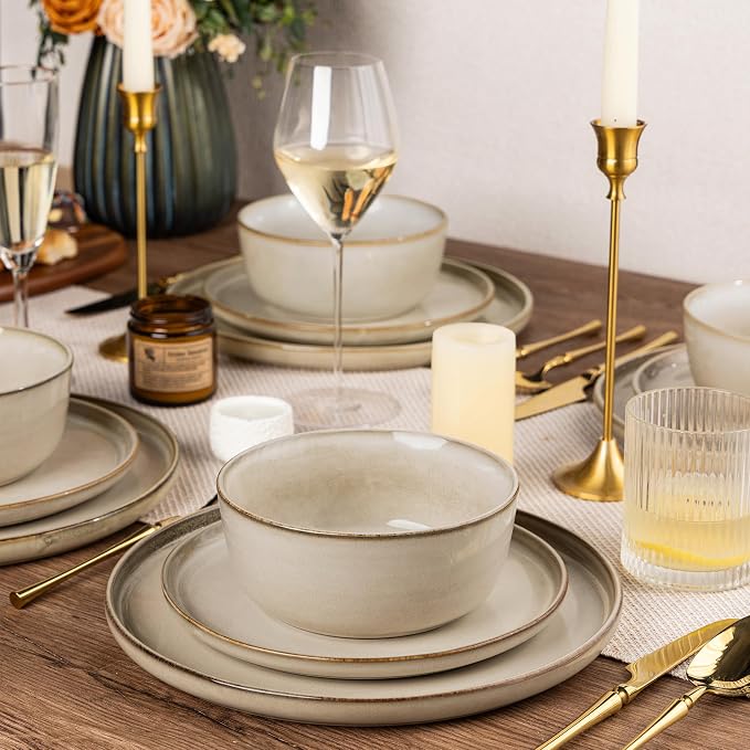 AmorArc Stoneware Dinnerware Sets for 4, 12Pcs Plates and Bowls Sets Dishes | Ceramic Round Reactive Glaze Dishes Set, Highly Scratch Resistant | Dishwasher & Microwave Safe Dishware