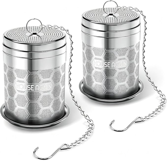 House Again 2 Pack Large Tea Infusers, Extra Fine Mesh Tea Strainers for Loose Tea, Slim Lid & 304 Stainless Steel, Filter Bags Diffusers, Loose Leaf Tea Steeper for Brew Tea Spices & Seasonings