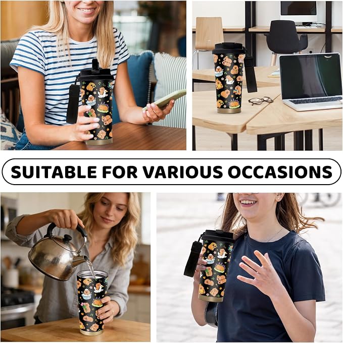 Capybara Water Bottle Stainless Steel 2-in-1 Lid Coffee Tumbler 18 oz Cute Capybara Print Insulated Travel Coffee Mug Capybaras Gifts for Women Girls Birthday Christmas