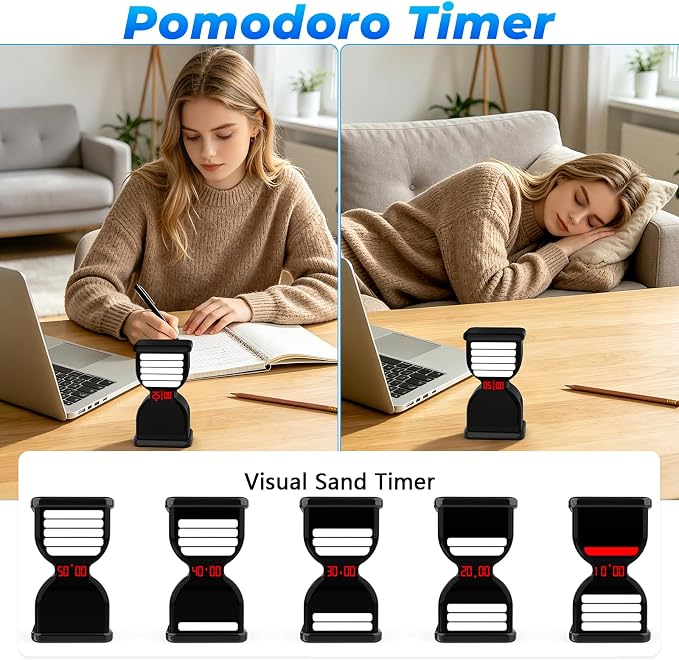 Pomodoro Timer for Productivity, Visual Countdown with Flight Flow | 5/25Min Preset, Custom Countdown, On/Off, Rechargeable, Silent, Desk Flip Hourglass Timer for ADHD Gift Study, Work, Kitchen