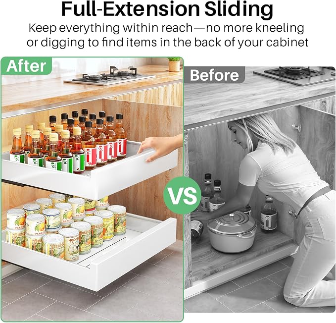 Pull Out Cabinet Organizer with Nano Adhesive, Heavy Duty Full-Extension Slide-Out Drawer for Kitchen Cabinet Organizers and Storage, No Drill Roll out Pantry Shelf, 18.5"W x 16.9"D x 3.1"H , White