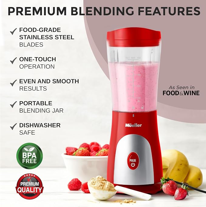 Mueller Heavy-Duty Personal Blender for Shakes and Smoothies with a 15 Oz Travel Cup and Lid, Juices, Baby Food, Portable Blender & Food Processor, Red