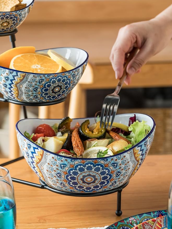 YHOSSEUN 3 Tier Serving Bowls, Serving Dishes for Entertaining Porcelain | Serving Trays and Platters Tiered Bowl Set with Collapsible Thicker Sturdier Metal Rack, Framhouse Kitchen Decor