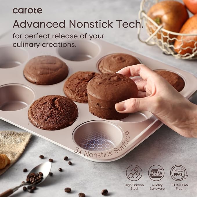 CAROTE 7-Piece Baking Pans Set, Nonstick Bakeware Sets, Gray & Khaki | Cookie Sheets, Muffin, Bread, Cake, Loaf, Roasting Pan, Easy-Release, Oven Safe Up to 446°F, PFAS-Free, Stackable, Home, Gift
