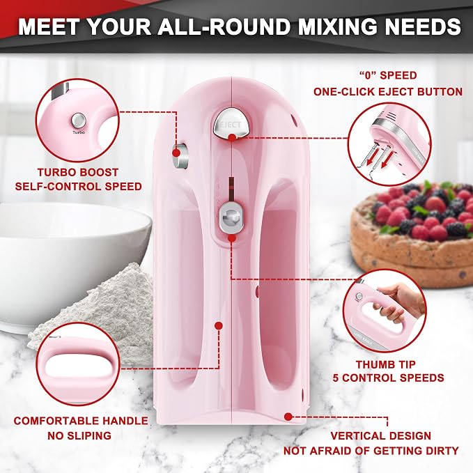 Lord Eagle Hand Mixer Electric Handheld 400W,5-Speed, Lightweight, Pink | Kitchen Mixer with Storage Case, 5 Stainless Steel Attachments for Baking Cake Egg Cream Food Beater, Turbo+Eject Button
