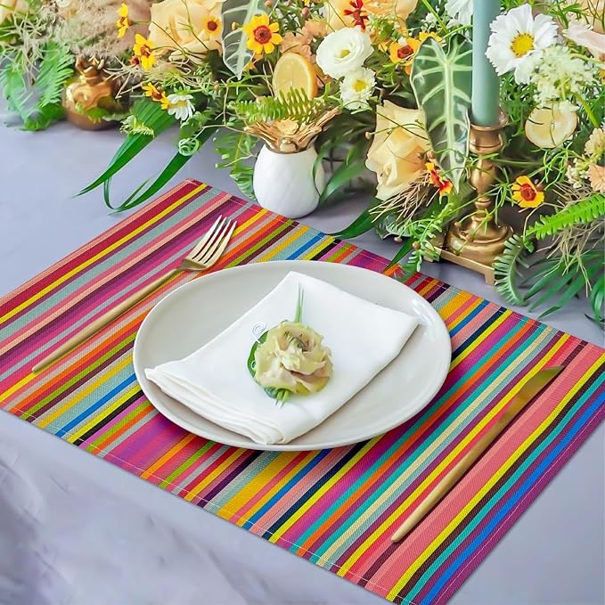 Rainbow Placemats Set of 8, 12x18 Inch Faux Linen Table Mats | Heat Resistant and Washable Design, Easy to Clean Surface for Dining Rooms, Kitchens, Outdoor Parties and Everyday Home Decor