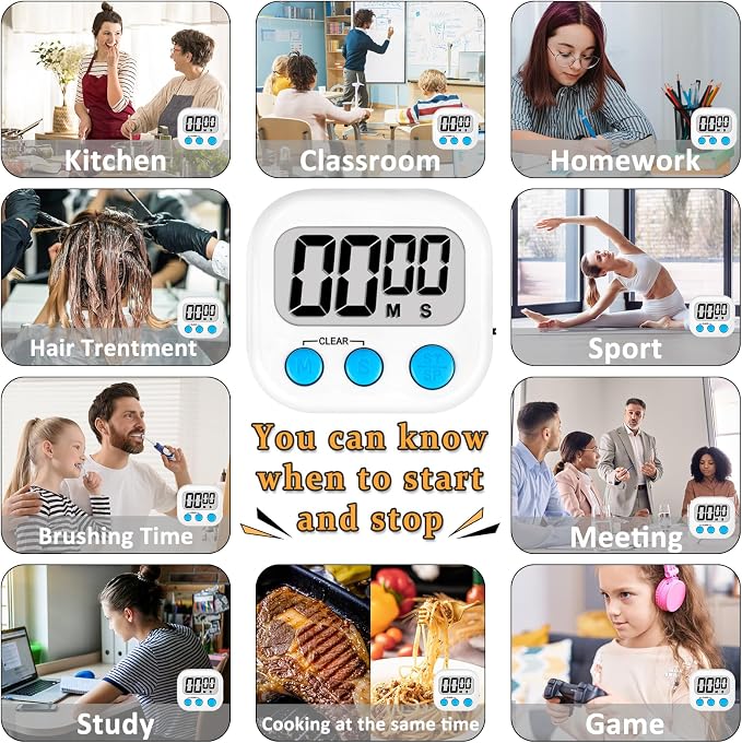 ZILLEEN Digital Kitchen Classroom Timers for Kids Cooking 12pcs Wht Blu Grn | Strong Magnetic, Large Screen, Big Button, Count Up/Down, Loud Alarm, Teacher Classroom Must Haves Supplies