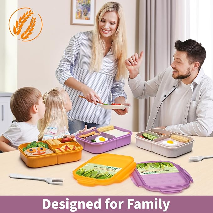 Itopor Bento Box for Kids & Adults, Lunch Box 46 oz / 1400ml, Lavender | Wheat straw material, BPA-free, leakproof, 3 compartments, microwave & dishwasher safe, for school, office & travel
