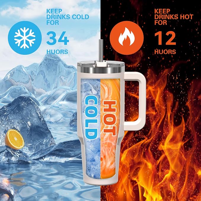 40 oz Tumbler with Handle,Tumbler with Lid and Straw,Double Wall Insulated Cup Stainless Steel Travel Mug(Cold for 34 Hours),Water Bottle for Iced Tea,Coffee,Cold Beverages(Ivory Beige)
