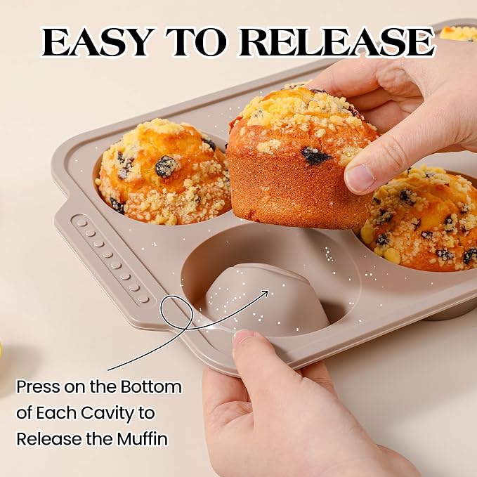 2 Pcs Silicone Jumbo Muffin Pan with Metal Frame, Non Stick Silicone Egg Molds with Handles, Round Silicone Molds for Baking for Oven, BPA Free (Brown, Cream