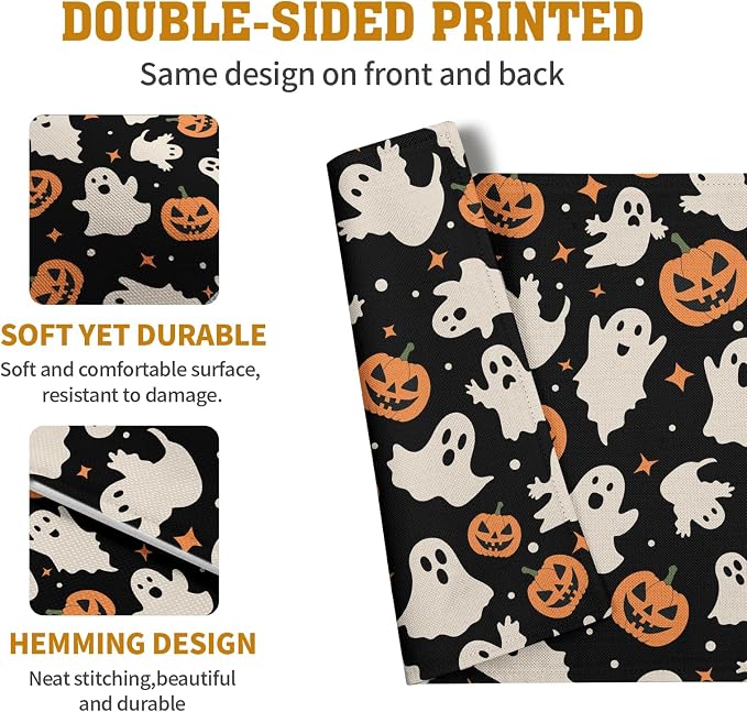 Halloween Placemats Set of 4 12x18 Inch Cute Ghost Pumpkin Table Mats Orange and Black Spooky Rustic Farmhouse Place Mat for Party Kitchen Dining Fall Decor