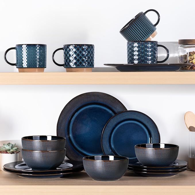 GBHOME Ceramic Dinnerware Sets of 4,12 pcs Plates and Bowls Sets Dishes | Embossed Elegant Stoneware Dishes Set | Dishwasher & Microwave Safe | Service for 4