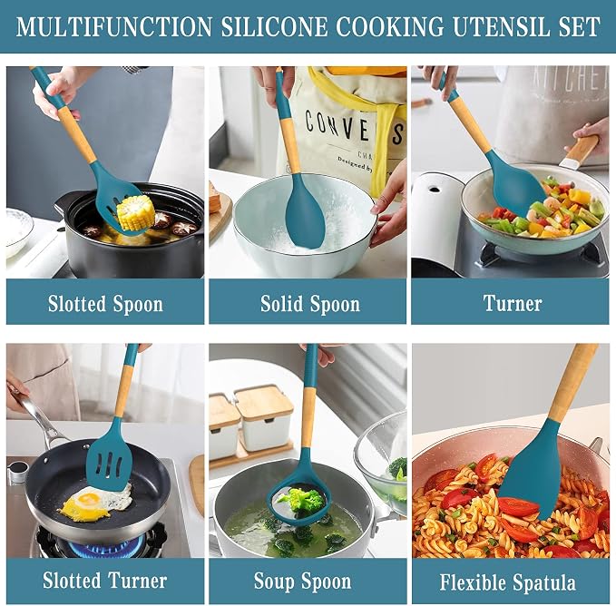33 PCS Silicone Kitchen Utensils Set, Umite Chef Heat Resistant Cooking Utensils Set With Holder, Wooden Handle Kitchen Gadgets Tools Spatula for Nonstick Cookware