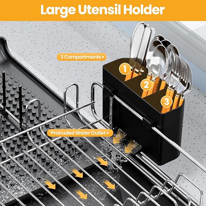 TOOLF Expandable Dish Drying Rack for Kitchen Counter, Black | Collapsible 16.7"-26.8", Stainless Steel Dish Dryer Rack Drainer for RV, Apartment, with Cutlery Holder, Fits for 3-4 People