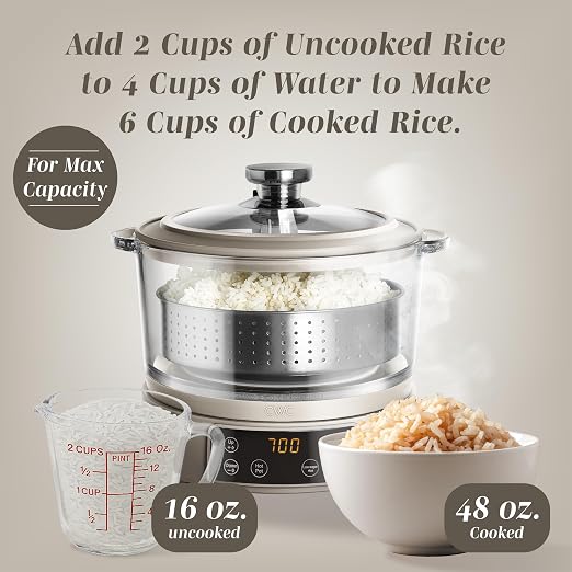 COOK WITH COLOR Glass Mini Low Carb Rice Cooker – Holds 2 Cups Raw/Makes 6 Cups Cooked with Auto Lift Filter Basket, Hotpot & Steamer for Rice, Grains, Digital Panel with Keep Warm, Greige