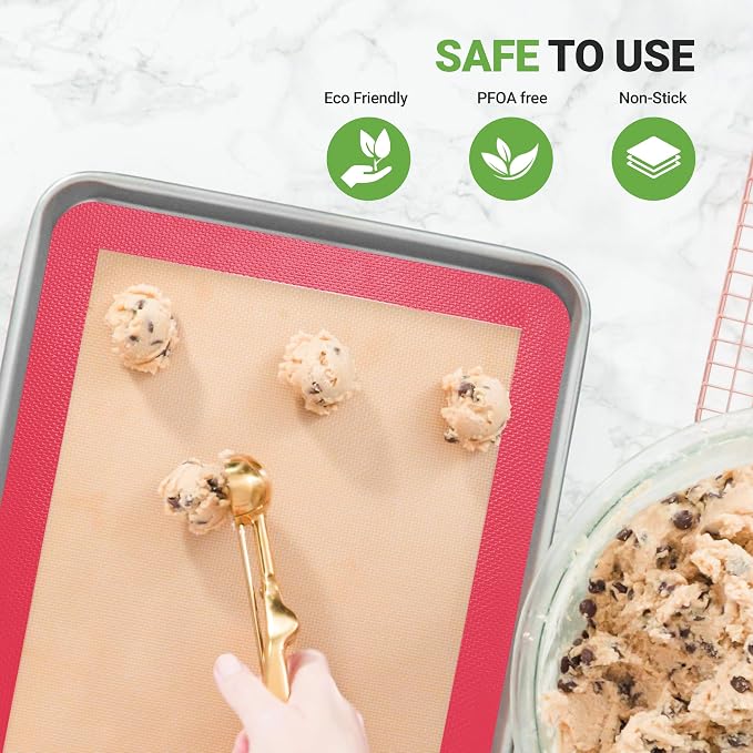 Nutrichef Silicone Baking Mats - 2 Non-stick Food-Grade Reusable Silicone Mats - Perfect for Half Baking Pans 16.5 x 11.6 IN - Oven-Safe Up to 480 Degrees F - Safe for Ovens & Dishwashers - Red