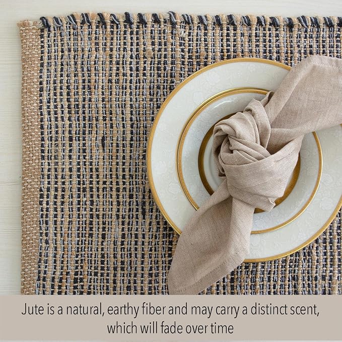 Natural Jute & Grey Placemats, Set of 4 – Rustic Handmade Boho Table Mats, 13x19 Inch Dining Table Placemats for Kitchen, Everyday Meals, Holidays, Farmhouse or Modern Table Décor