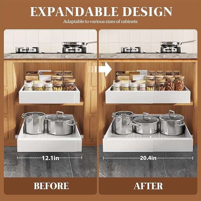 Seinloes 6 Pack Expandable Pull Out Cabinet Organizer 21"Deep With Raising Pad for Framed Cabinets,Upgrade 3 Slide Rails Slide Out Drawers,No Drill Roll Out Shelves,Adjustable Width 12.1"-20.4" White