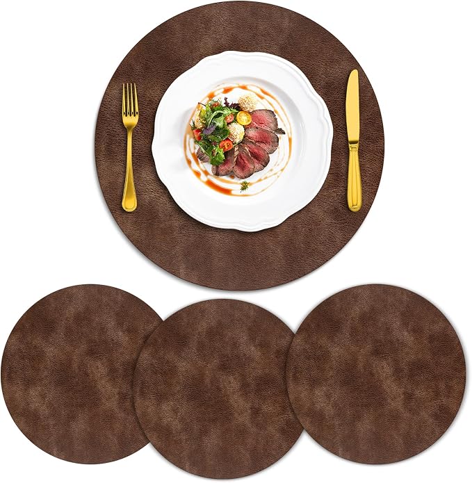 ADRIMER Placemats, Heat Resistant Round Placemats Set of 4 Washable, Waterproof Table Mats, Wipeable Faux Leather Place Mats for Kitchen, Dining Room, Brown
