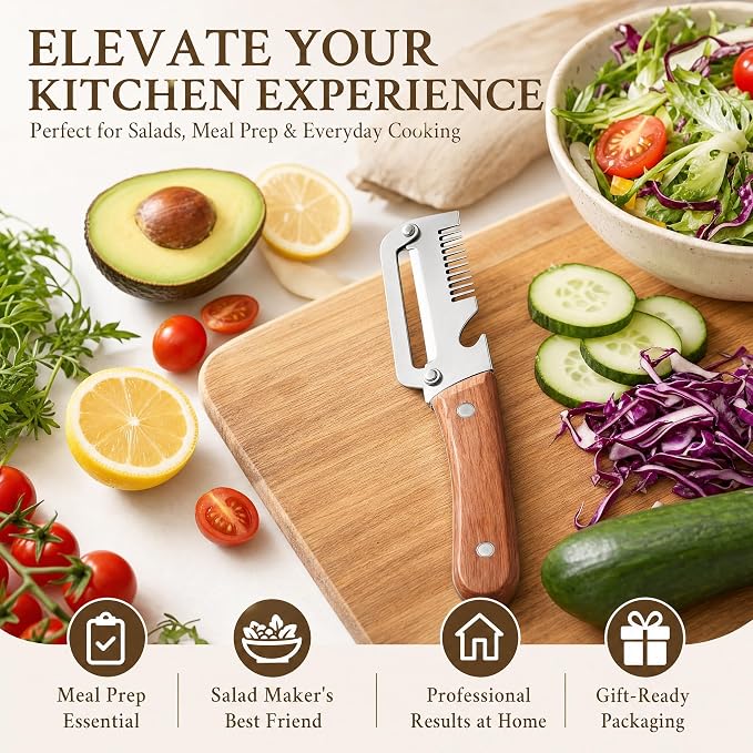 Upgrade Vegetable Peeler and Julienne Peeler Set, 2-Pcs Multifunctional Stainless Steel Veggie Peelers for Kitchen with Wood Handles & Built-in Bottle Opener, Sharp Potato, Carrot & Scallion Shredder