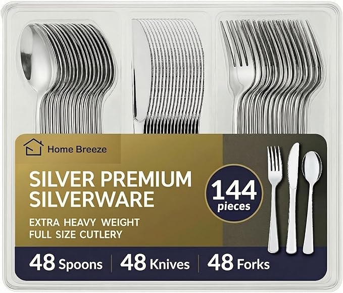 144 Pack Silver Premium Heavy Duty Plastic Silverware, 48 Forks, 48 Spoons, 48 Knives, For Catering, Parties, Dinners and Weddings, BPA-Free, Disposable Plastic Cutlery Set Utensils Set