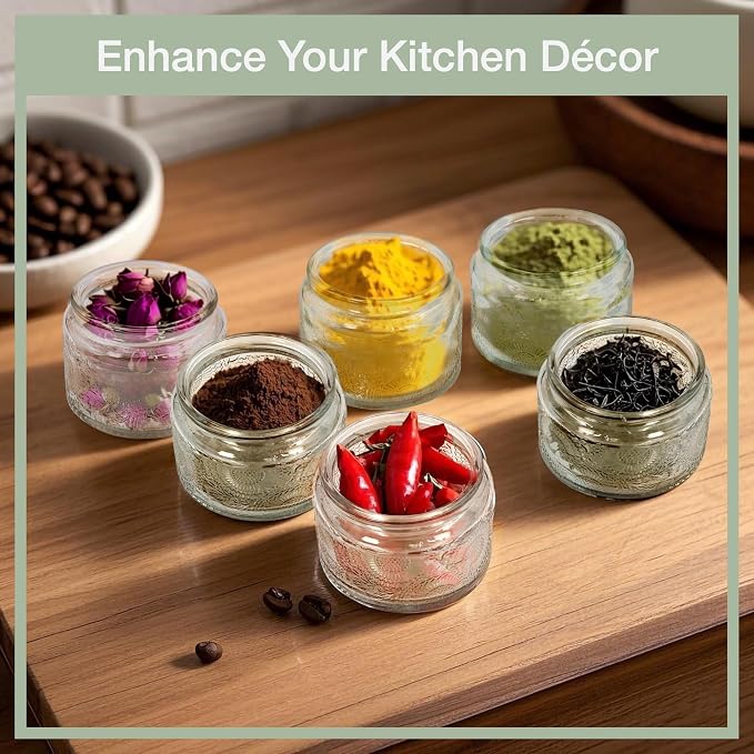 4 oz Decorative Small Glass Jars with Airtight Bamboo Lids, Clear 6 Pack | Vintage embossed containers, kitchen pantry bathroom organization & decor, spices, herbs, candle making, DIY gifts favors