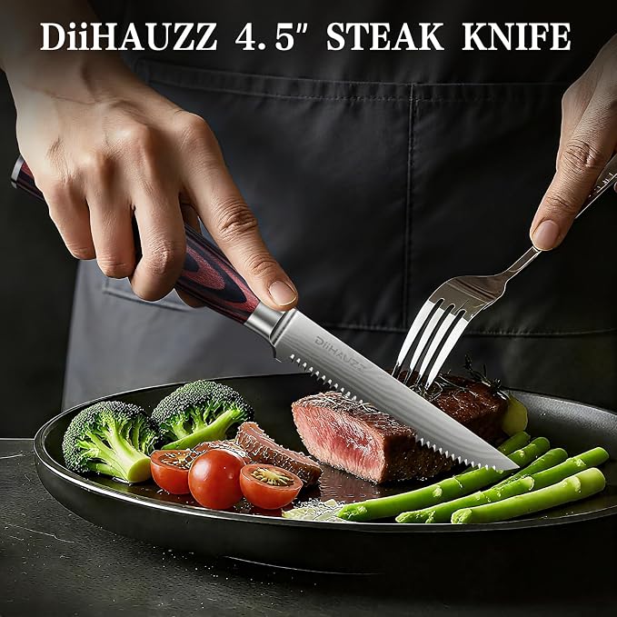DiiHAUZZ Steak Knives Set of 6, 4.5 Inch Ultra Sharp Serrated Knife Set | Hight Carbon Stainless Steel Blade, Ergonomic Pakkawood Handle, Non-Slip, Gift Box