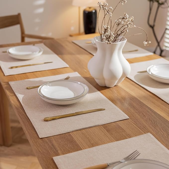 Demetex Linen Placemats Set of 8 Modern Beige Place Mats Heat Resistant Washable Table Placemat for Dining Room Restaurant Indoor, 13x19 inch, Light Linen