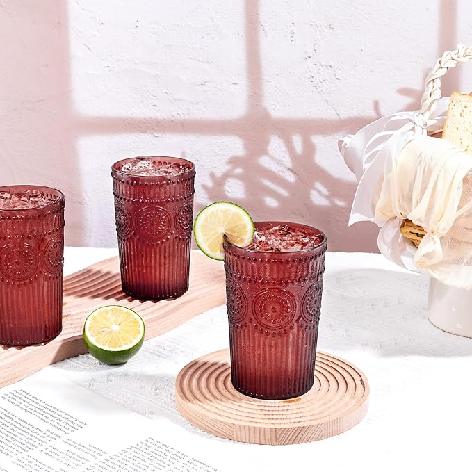 Ciaell 12 Pack Burgundy Plastic Water Glasses for Parties Dinners | 14 oz Burgundy Embossed Ribbed Vintage Drinking Cups, Heavy Duty Plastic, Beer Juice Cocktails for Outdoor Bars Showers