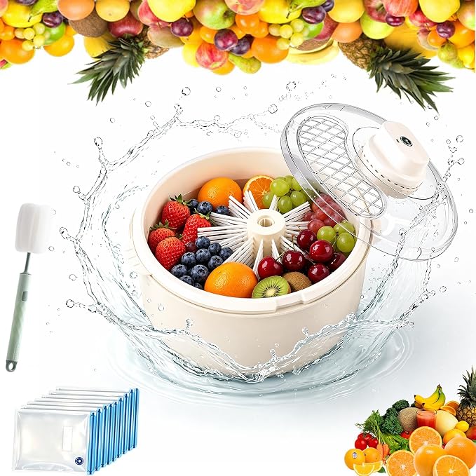 Automatic Fruit And Vegetable Spinner & Strainer, Fruit Washer and Spinner with Brush, Electric Fruits Washer Spinner Bowl, Fruits Cleaner Spinner with Non-slip Base, for Kitchen Prep