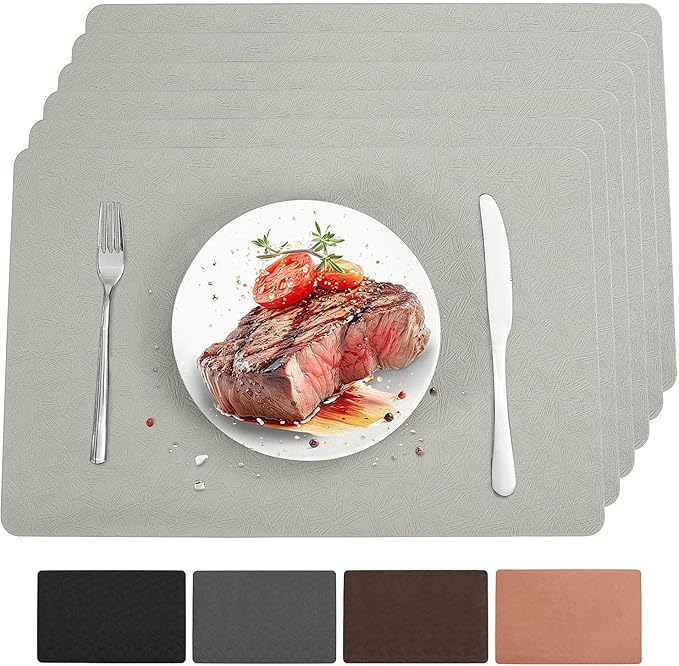 Light Gray Vinyl Placemats Set of 6 Waterproof Wipeable Table Mats | Heat Resistant Easy Clean Place Mats Faux Leather Table Mats Washable PVC Table Placemats for Dining Table(Light Gray)