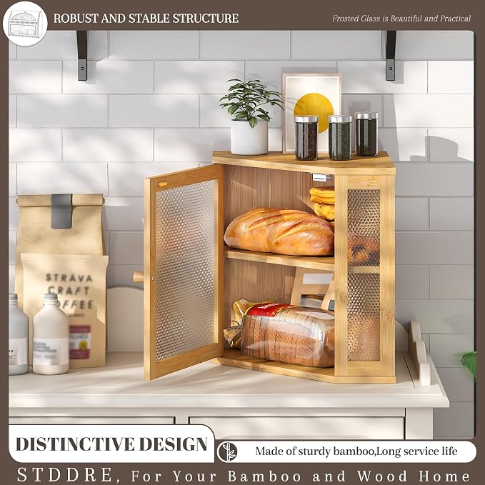 STDDRE Corner Bread Box Kitchen Countertop Extra Large Capacity Farmhouse Bread Box, Corner Countertop Storage, Double Layer Bread Holder (Natural, Large)