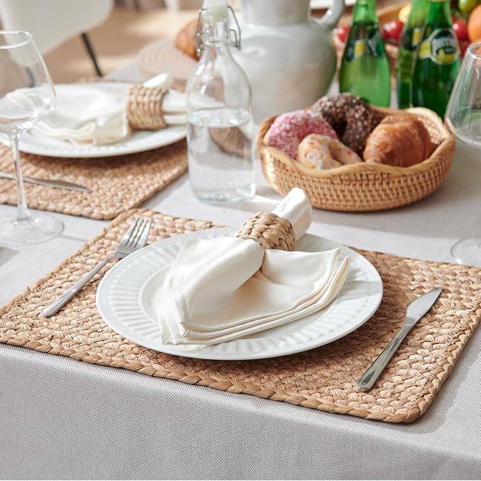 Woven Placemats Set of 6, 17" x 12" Rattan Table Mats, Natural Water Hyacinth Chargers for Dinner Plates, Wicker Placemats for Dining Table, Home, Wedding