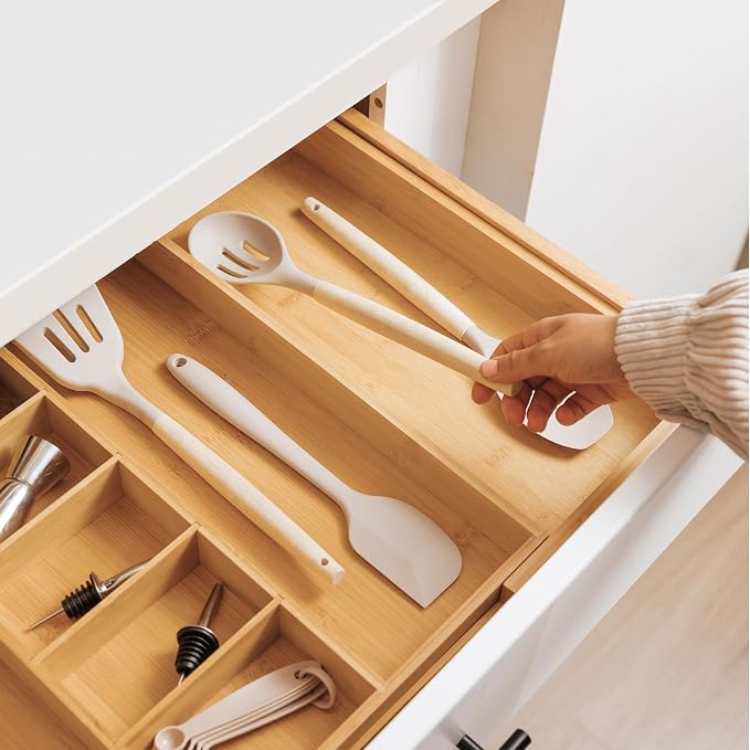 Utensil & Junk Drawer Organizer, 19-33 in, Bamboo | Food-safe contract grade, 100% sustainable wood, non-slip, adjustable