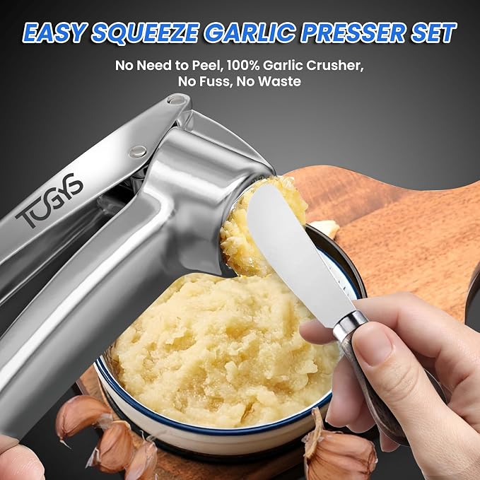 Heavy Duty Stainless Steel Garlic Press - Professional Grade Garlic Mincer & Crusher with Ergonomic Soft Grip Handle, Dishwasher Safe, Rust-Proof - Easy to Clean Kitchen Gadget for Cooking