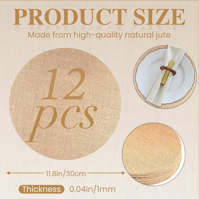 12 Pcs Round Burlap Placemats Bulk 11.8 Inch Reusable Jute Placemats, Rustic Round Charger Plates Bulk for Wedding Dinner Party Table Decorations