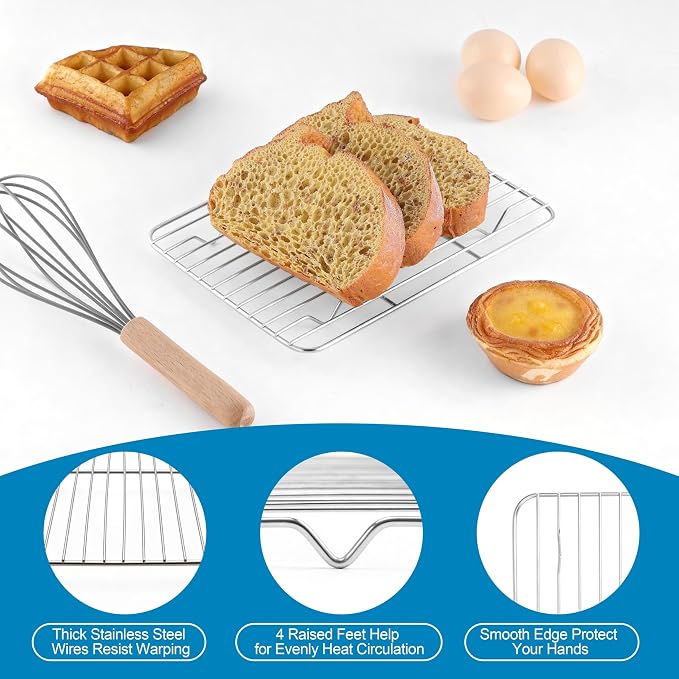 Herogo Small Stainless Steel Baking Sheet with Rack Set(2 Pans + 2 Racks), 9.2'' x 7'' x 1'' Mini Metal Bacon Tray with Cooling Rack Set for Oven, Nontoxic & Easy Clean